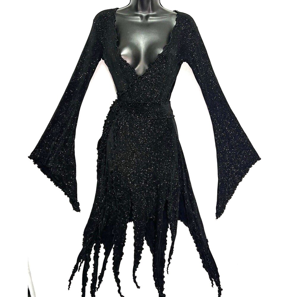 Trashy Lingerie Black Goth Bell Sleeve Wrap Dress Fairycore Shredded Hem Rare S
